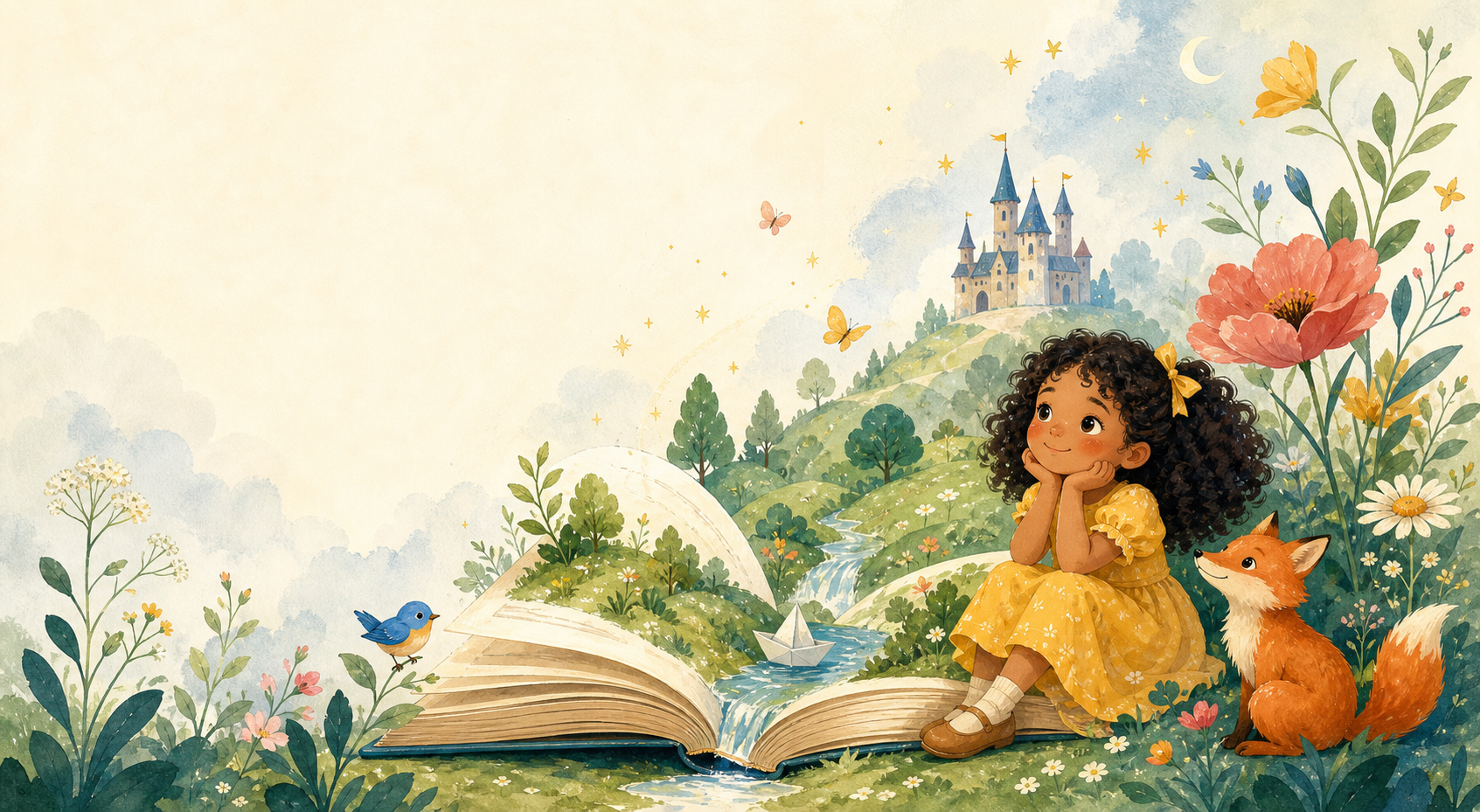 A child reading from an open picture book as a magical world unfolds from its pages